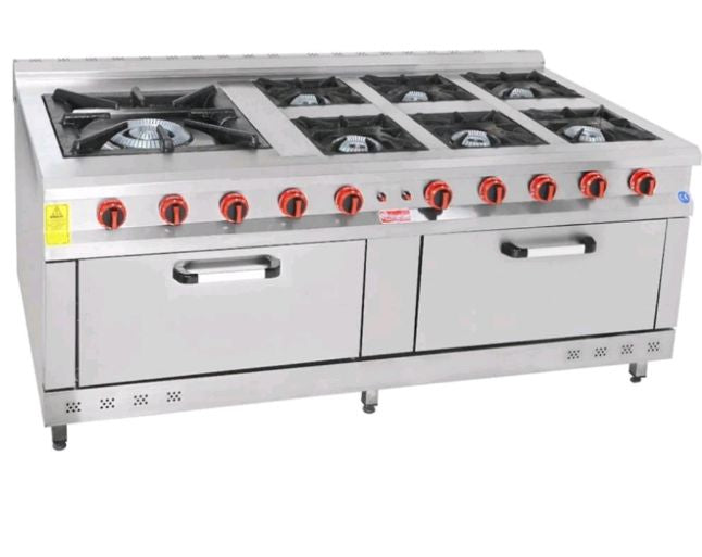 Heavy duty Gas Cooktop with 6 + 1 burner & 2 Ovens: Stainless steel
